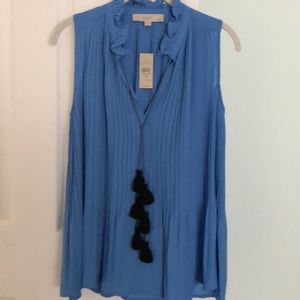 NWT LOFT pleated sleeveless ruffle neck tassel top